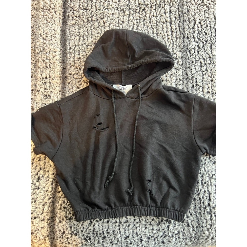 Girl's Black RUE21 Distressed Favorite Hoodie Crop‎ Size M